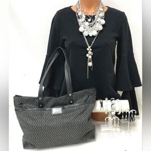 Anthropologie Black Bell Sleeve Blouse Sz XS & Calvin Klein Tote w Jewelry